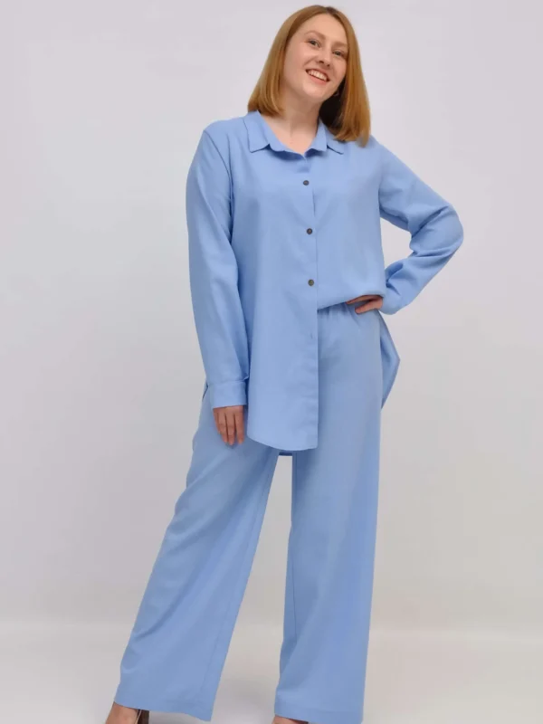 Женский льняной костюм голубой (рубашка-штаны)