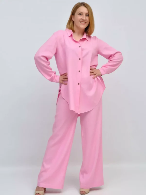 Женский льняной костюм розовый (рубашка-штаны)